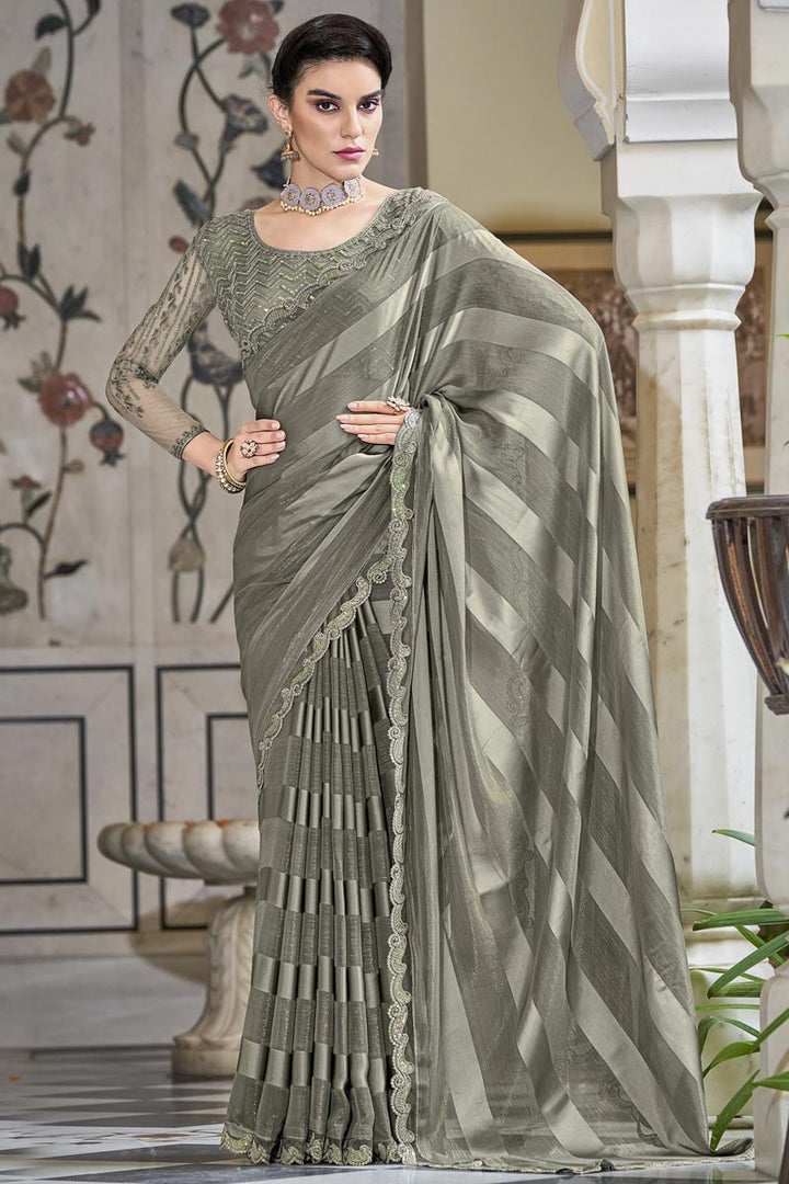 Chiffon Fabric Grey Color Ingenious Sequins Designs Party Style Saree