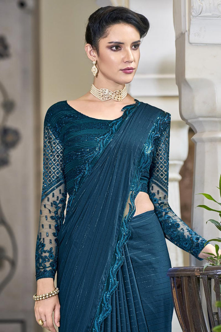 Blue Color Chiffon Fabric Appealing Sequins Work Party Style Saree