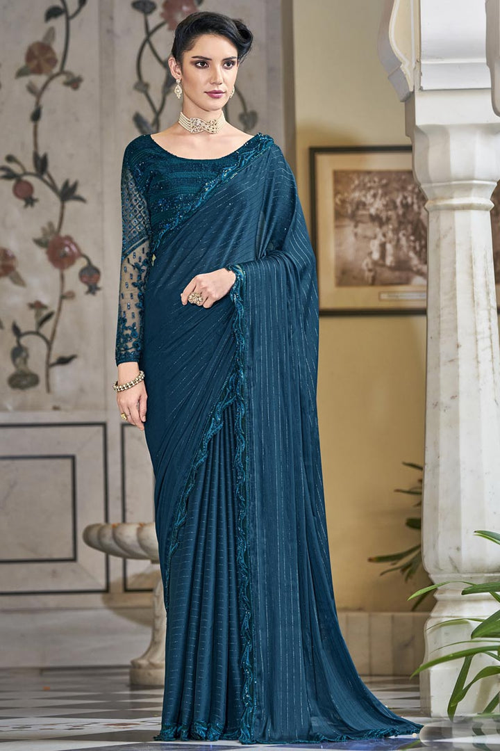 Blue Color Chiffon Fabric Appealing Sequins Work Party Style Saree