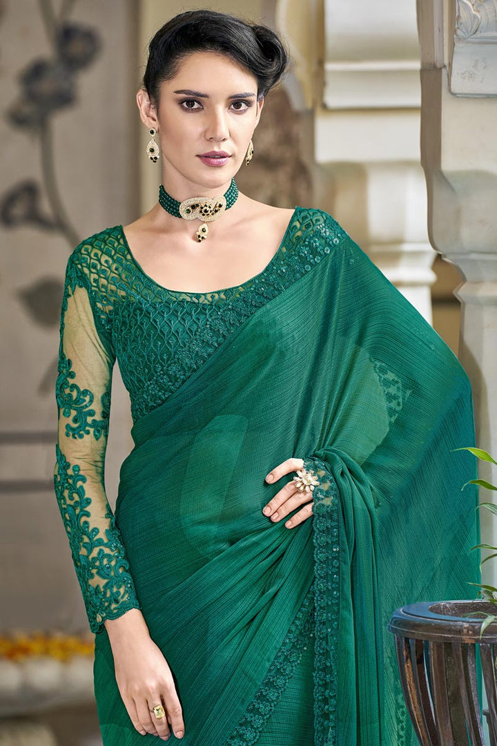 Sequins Work Chiffon Fabric Green Color Enticing Party Style Saree