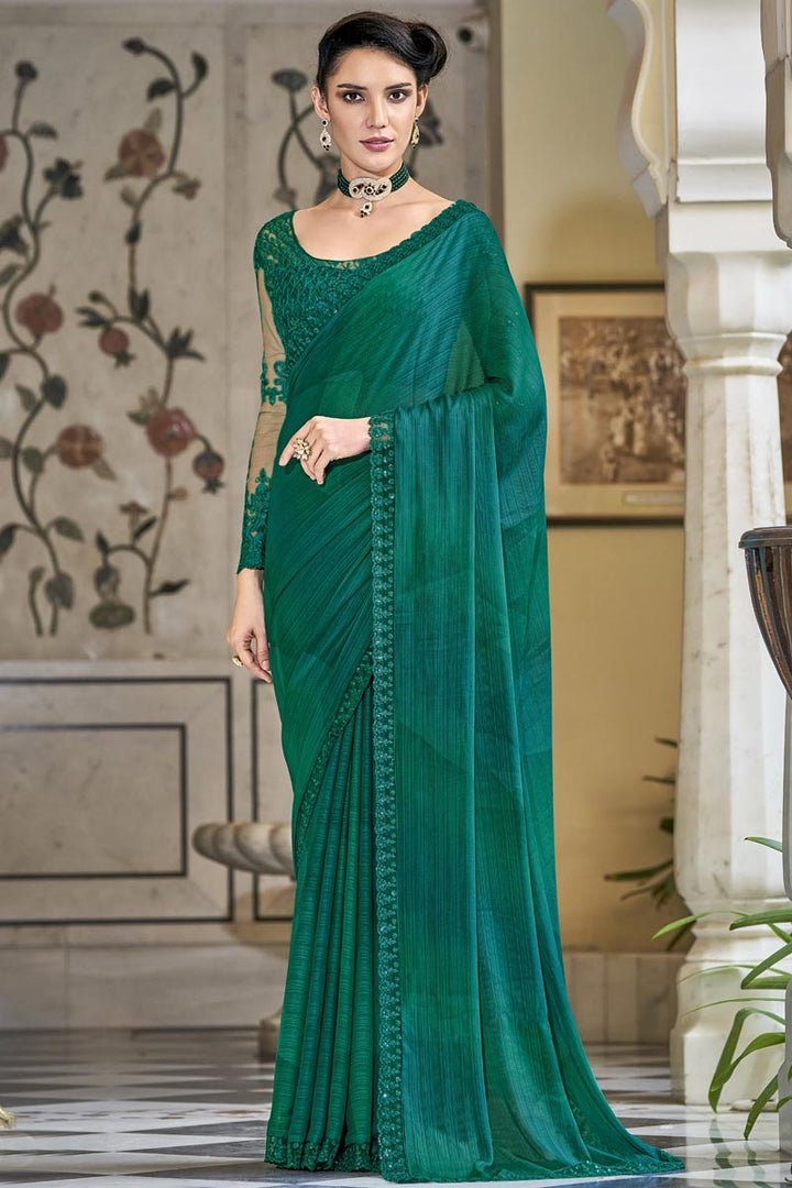 Sequins Work Chiffon Fabric Green Color Enticing Party Style Saree