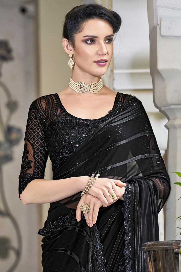 Chiffon Fabric Black Color Sequins Work Delicate Party Style Saree