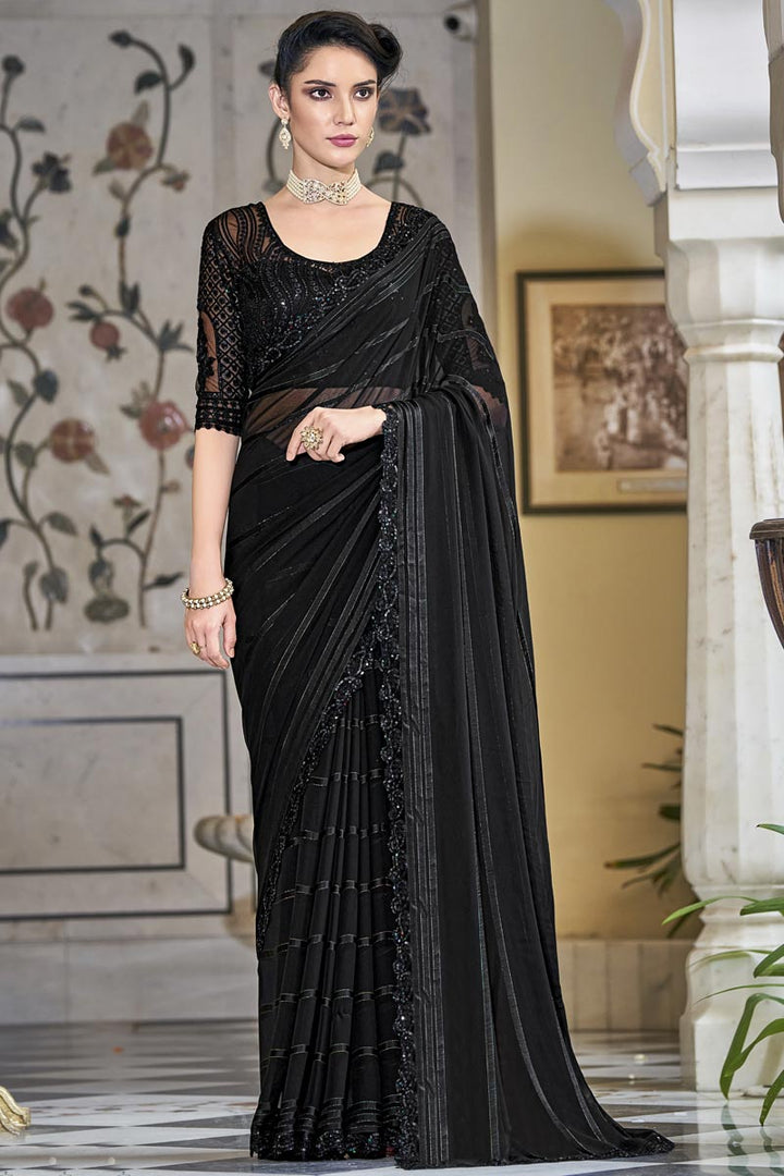 Chiffon Fabric Black Color Sequins Work Delicate Party Style Saree