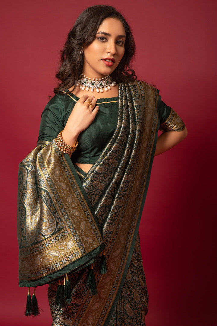 Art Silk Fabric Dark Green Color Provocative kanjivaram Printed Saree