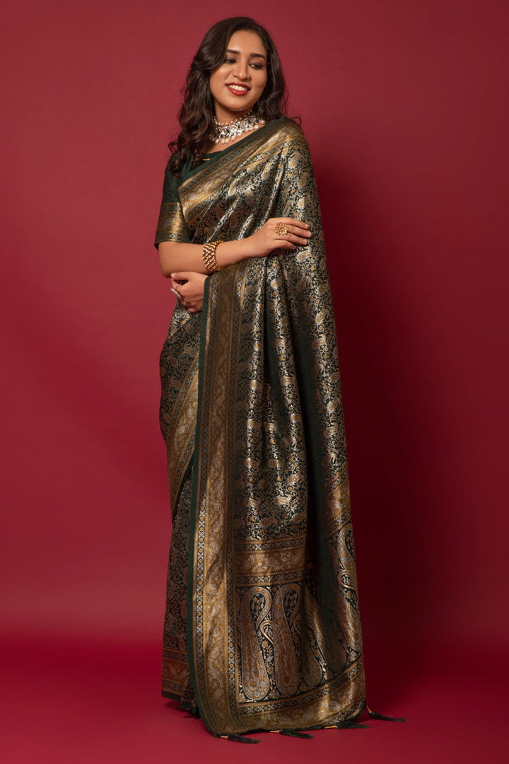 Art Silk Fabric Dark Green Color Provocative kanjivaram Printed Saree