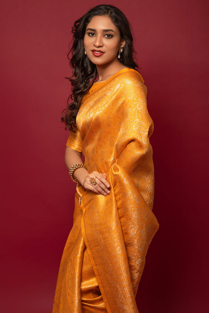 Art Silk Fabric Mustard Color Pleasing kanjivaram Printed Saree