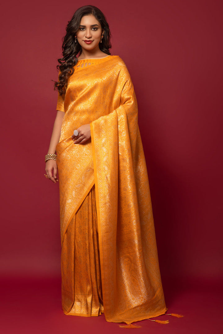 Art Silk Fabric Mustard Color Pleasing kanjivaram Printed Saree