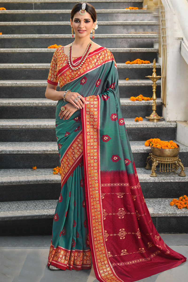 Radiant Teal Color Art Silk Fabric Festival Wear Printed Saree
