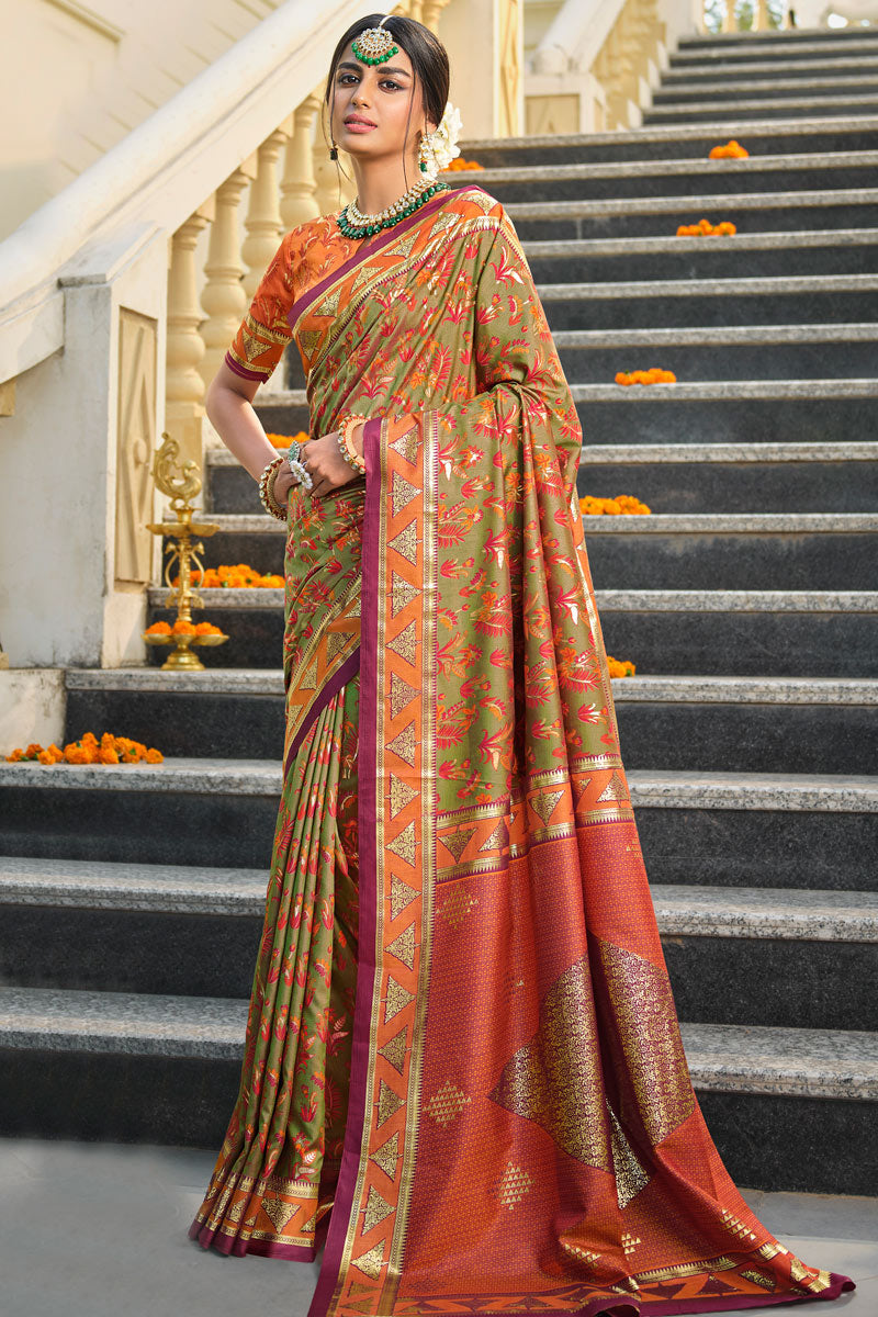 Sea Green Color Festival Wear Creative Printed Saree In Art Silk Fabric