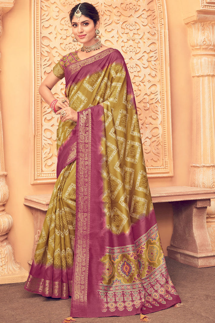 Attractive Art Silk Fabric Olive Color Weaving Work Saree