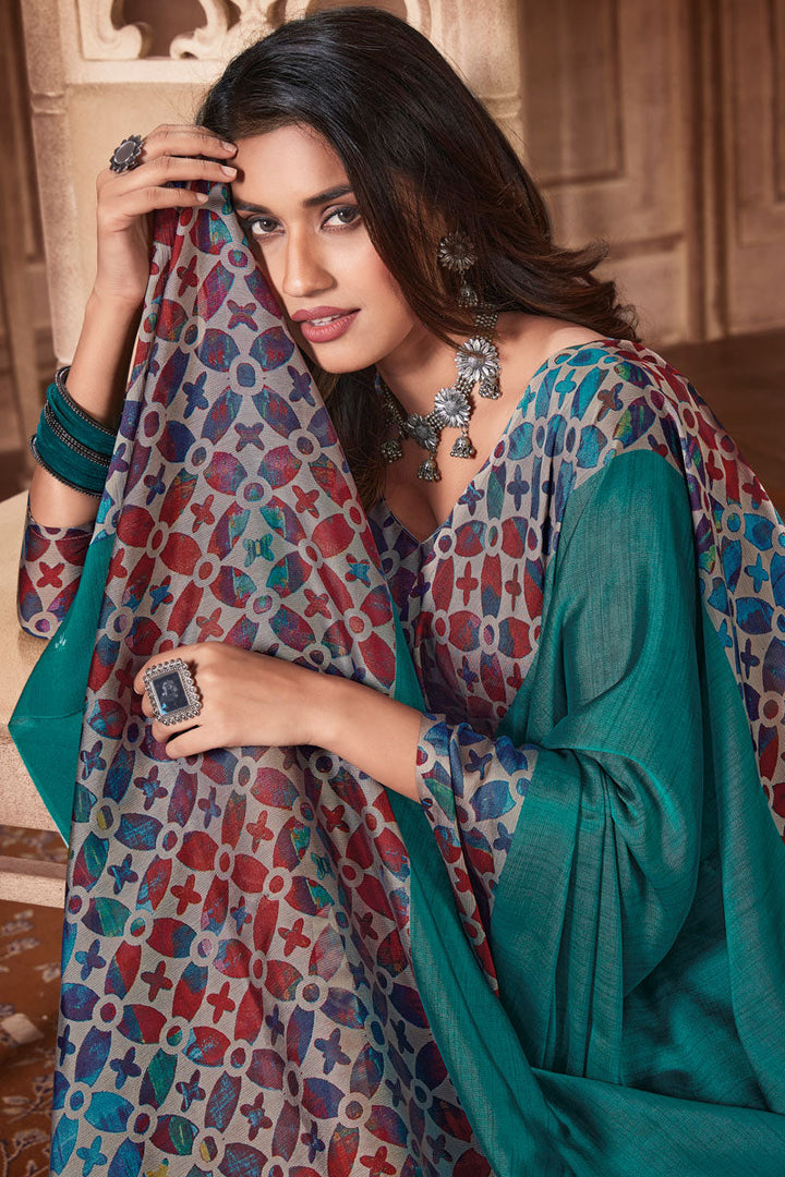 Attractive Chiffon Fabric Teal Color Casual Wear Two Tone Saree
