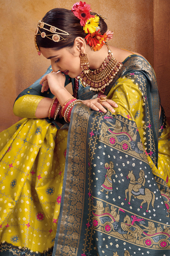 Yellow Color Beatific Weaving Work Art Silk Saree