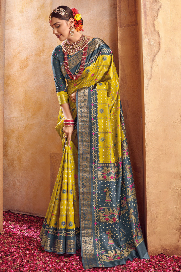 Yellow Color Beatific Weaving Work Art Silk Saree