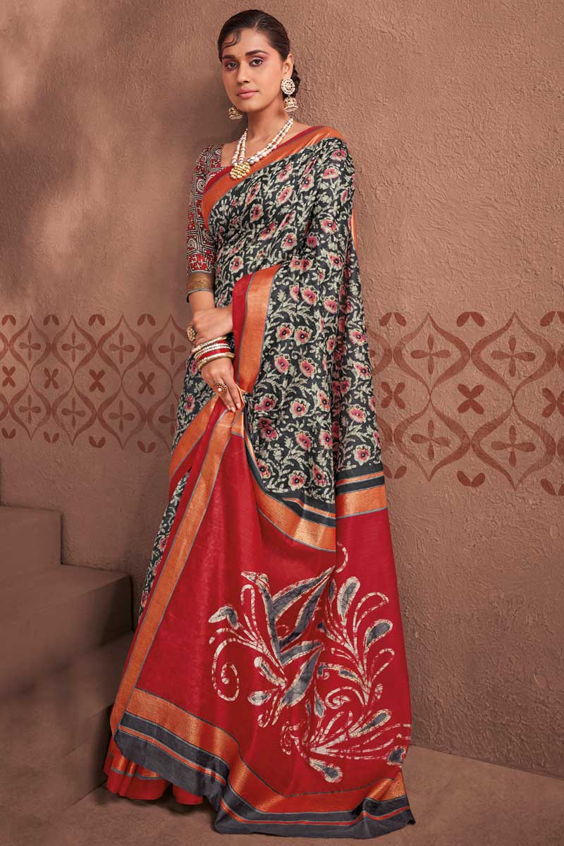 Excellent Art Silk Fabric Black Color Foil Printed Saree