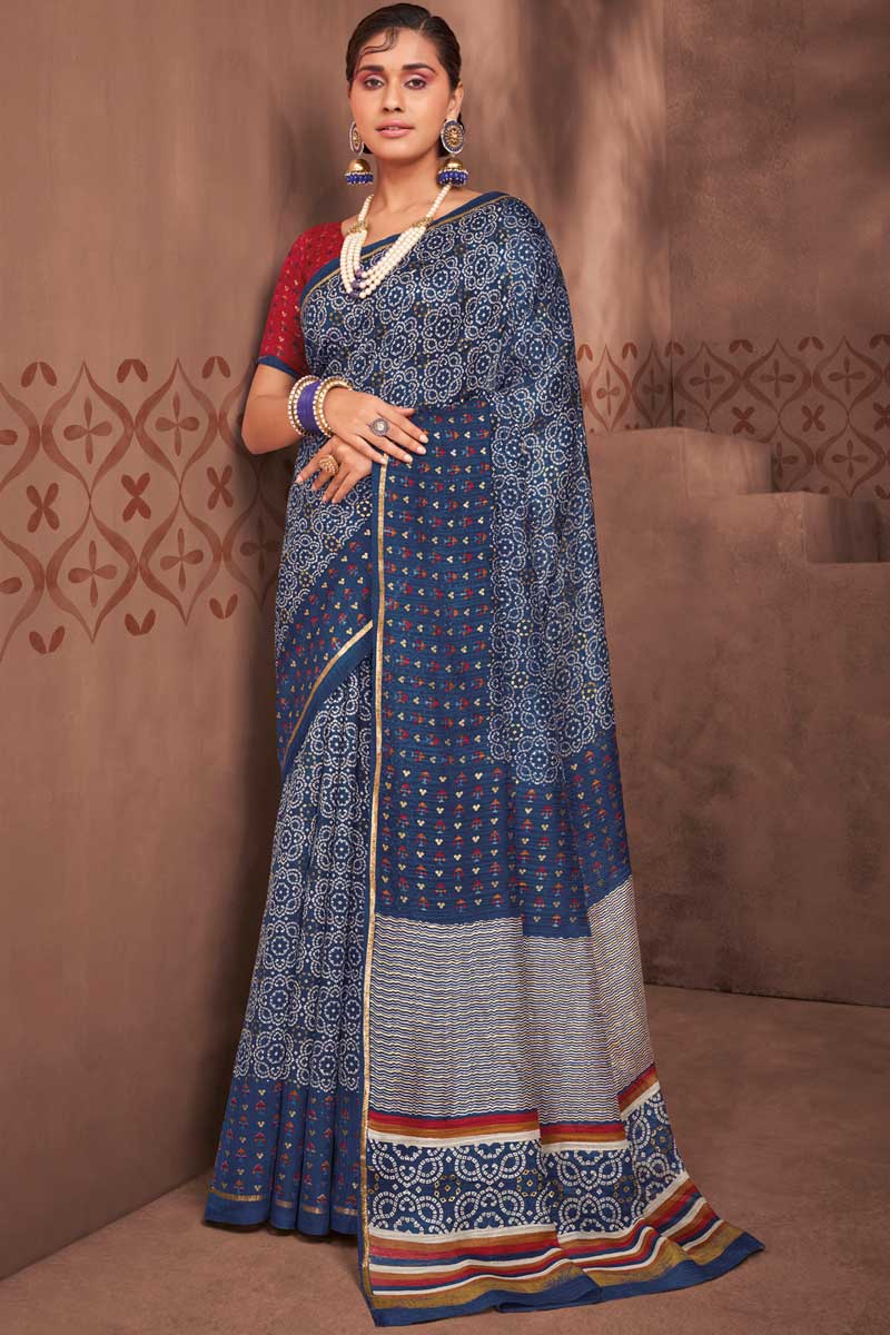 Blue Color Art Silk Fabric Beatific Foil Printed Saree