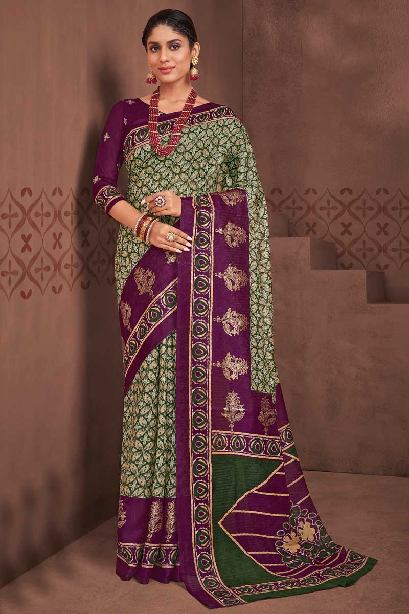 Beguiling Olive Color Art Silk Fabric Foil Printed Saree