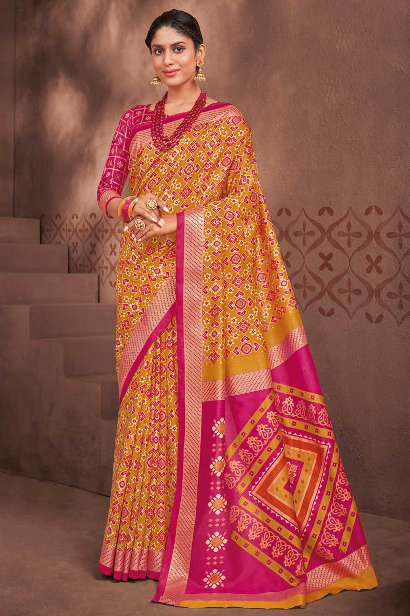 Tempting Art Silk Fabric Mustard Color Foil Printed Saree