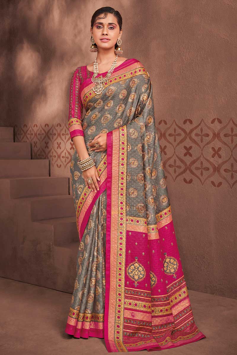 Grey Color Art Silk Fabric Elegant Foil Printed Saree