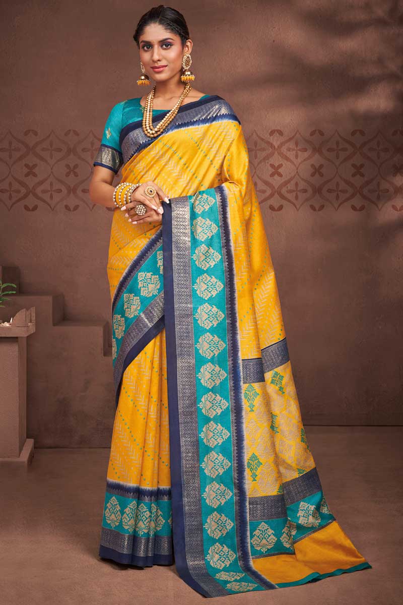 Awesome Yellow Color Art Silk Fabric Foil Printed Saree | Buy Online India