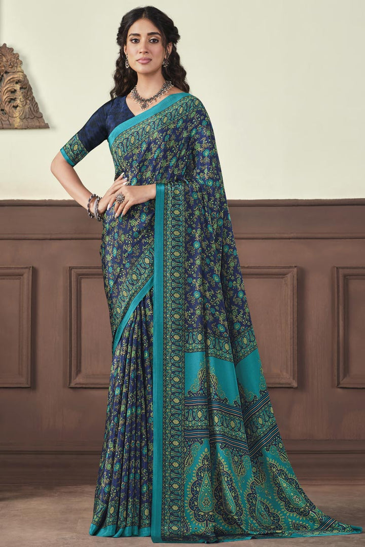 Navy Blue Color Crepe Silk Fabric Chic Light Weight Saree