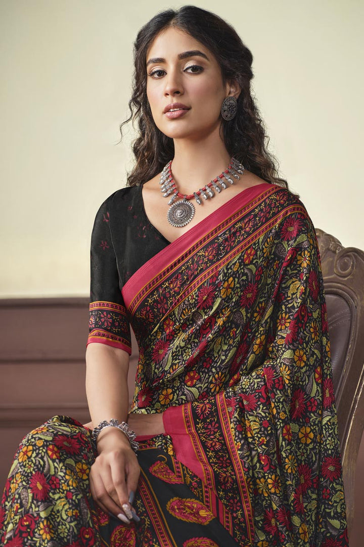 Crepe Silk Fabric Stunning Light Weight Saree In Black Color