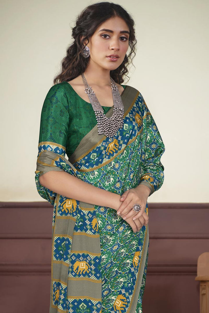Crepe Silk Fabric Green Color Stunning Light Weight Saree