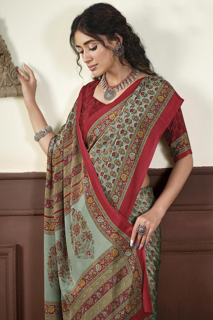 Crepe Silk Fabric Imposing Light Weight Saree In Light Cyan Color