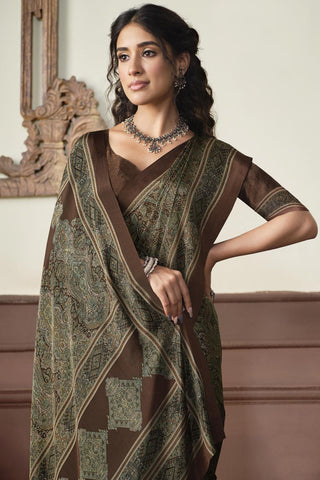 Crepe Silk Fabric Brown Color Glorious Light Weight Saree