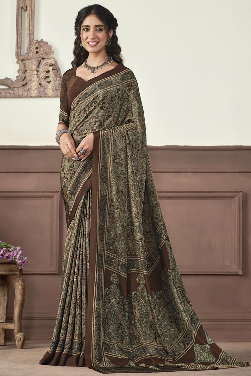 Crepe Silk Fabric Brown Color Glorious Light Weight Saree