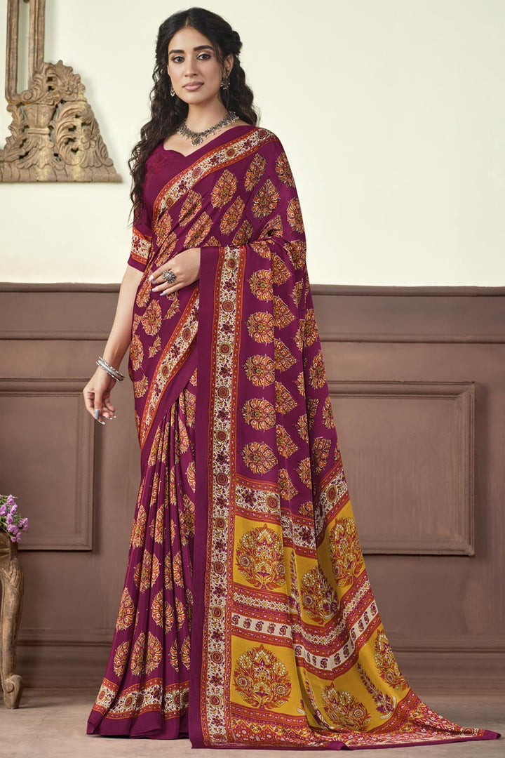 Crepe Silk Fabric Rani Color Enticing Light Weight Saree