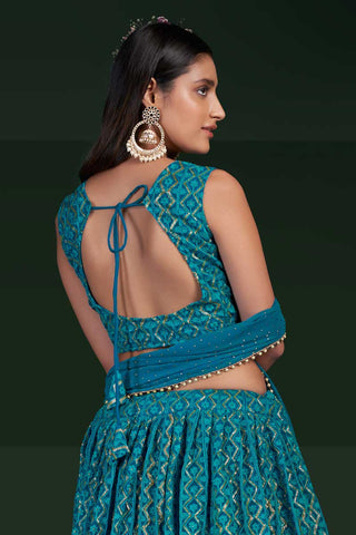 Georgette Fabric Cyan Color Engaging Sangeet Wear Lehenga