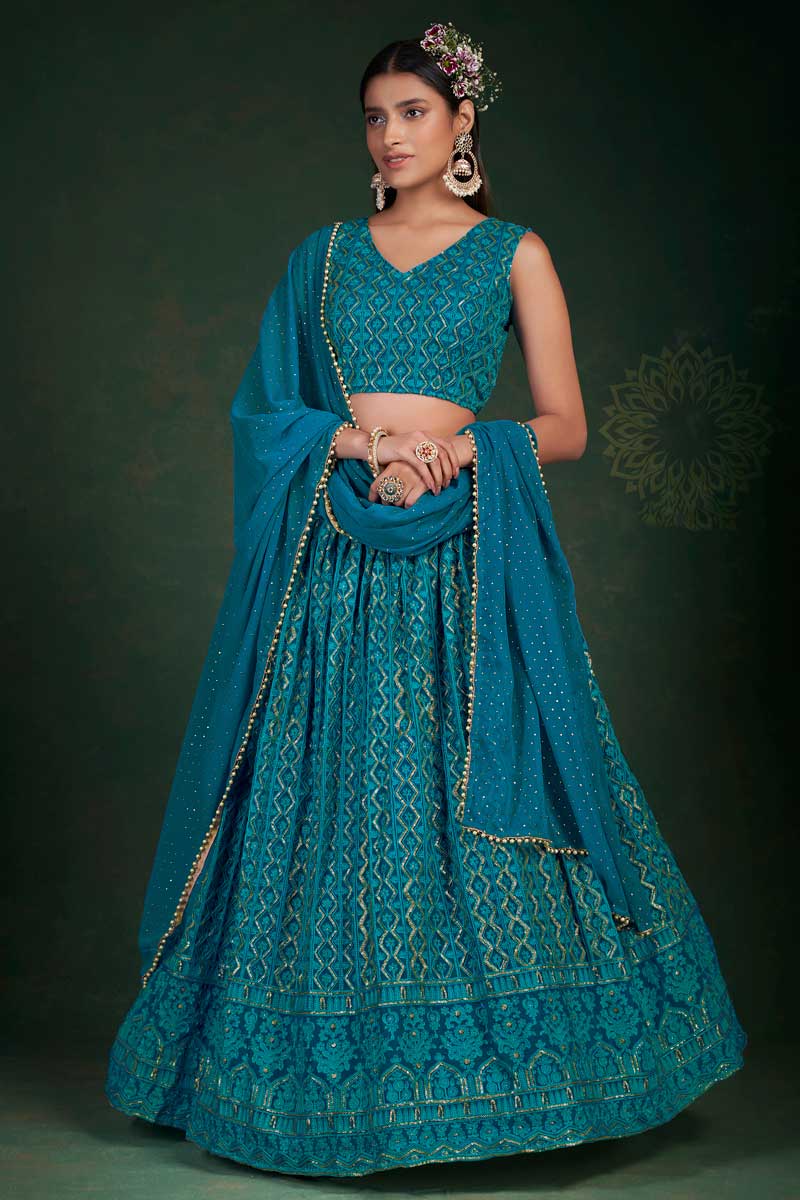 Georgette Fabric Cyan Color Engaging Sangeet Wear Lehenga