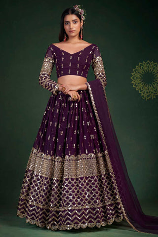 Radiant Wine Color Sangeet Wear Lehenga In Georgette Fabric