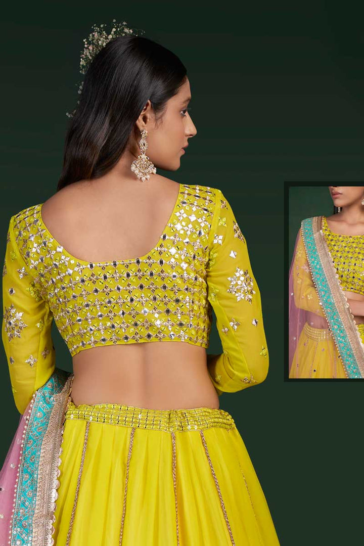 Yellow Color Awesome Georgette Fabric Sangeet Wear Lehenga