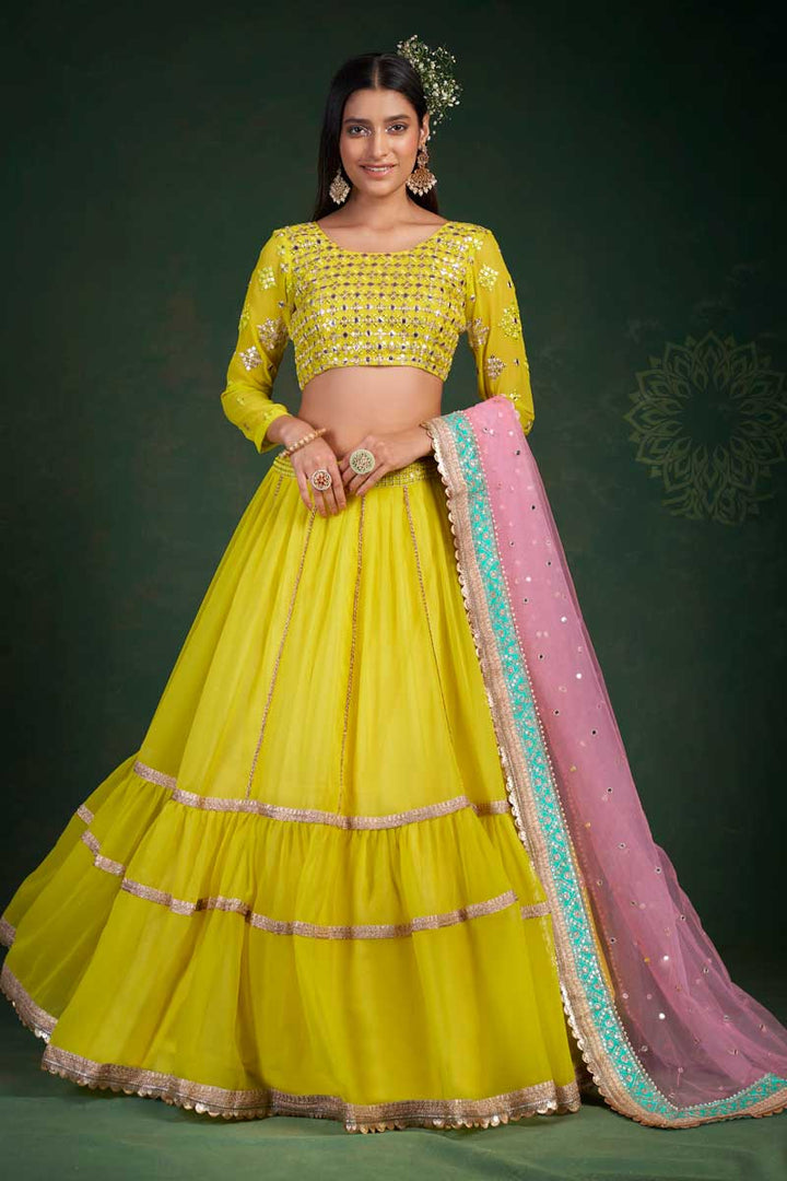 Yellow Color Awesome Georgette Fabric Sangeet Wear Lehenga