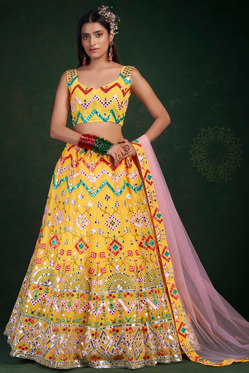 Georgette Fabric Yellow Color Captivating Lehenga In Sangeet Wear