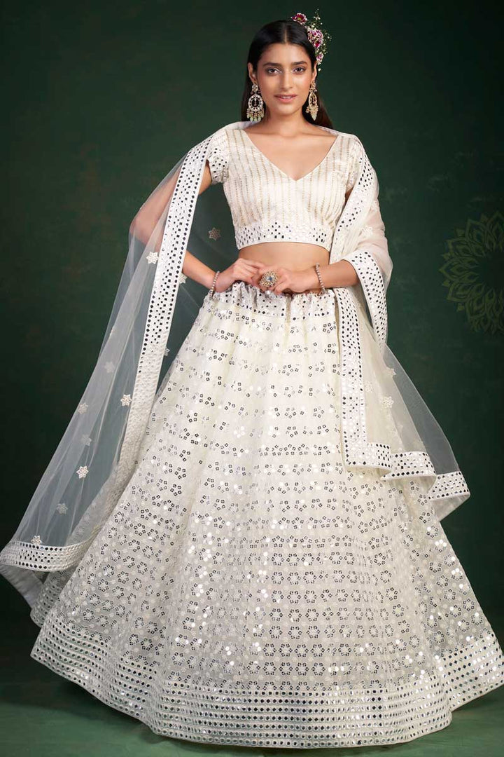 White Color Georgette Fabric Sangeet Wear Bewitching Lehenga