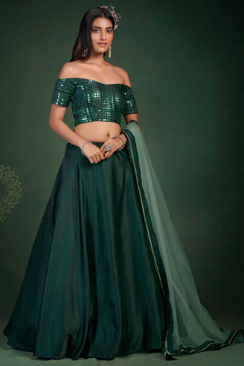 Art Silk Fabric Dark Dark Green Color Sangeet Wear Soothing Lehenga