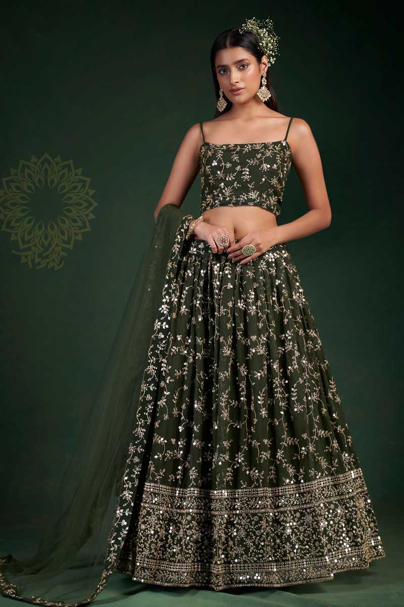Georgette Fabric Mehendi Mehendi Green Color Sangeet Wear Incredible Lehenga