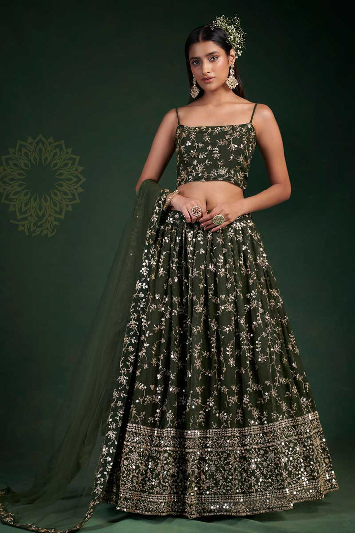 Georgette Fabric Mehendi Mehendi Green Color Sangeet Wear Incredible Lehenga