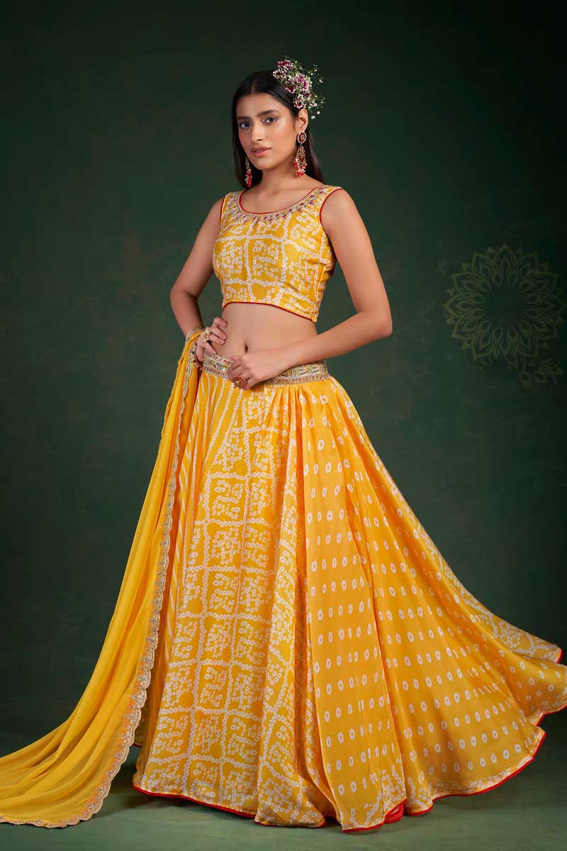 Chinon Fabric Sangeet Wear Mustard Color Wonderful Lehenga