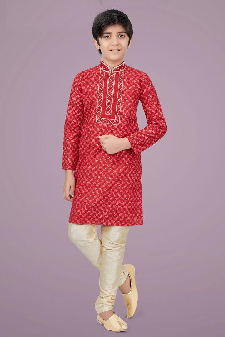 Red Color Cotton Silk Fabric Sangeet Wear Designer Kurta Pyjama For Kids Wear
