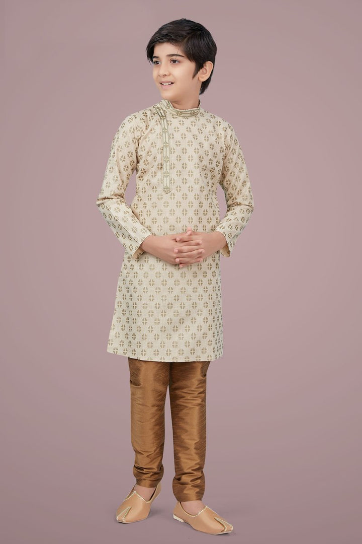 Beige Color Cotton Silk Fabric Sangeet Wear Trendy Kurta Pyjama For Kids Wear