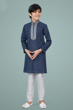 Load image into Gallery viewer, Navy Blue Color Cotton Silk Fabric Festive Wear Trendy Kurta Pyjama For Kids Wear
