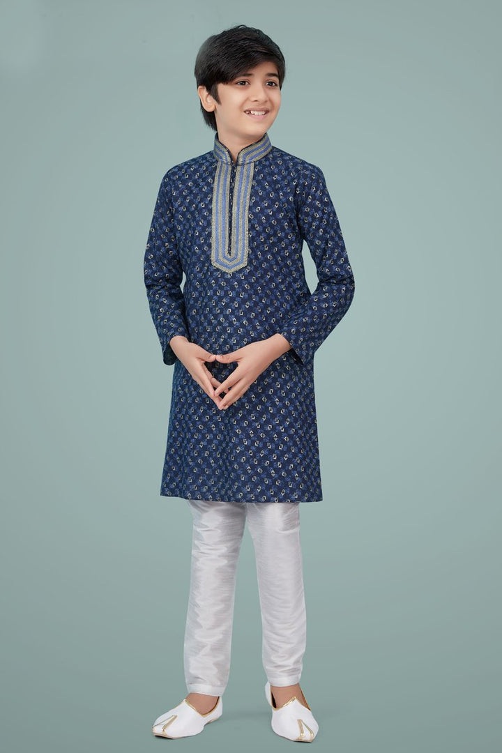Navy Blue Color Cotton Silk Fabric Festive Wear Trendy Kurta Pyjama For Kids Wear