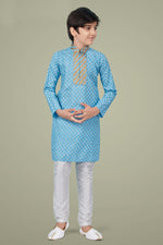 Load image into Gallery viewer, Sky Blue Color Cotton Silk Fabric Wedding Wear Fancy Kurta Pyjama For Kids Wear
