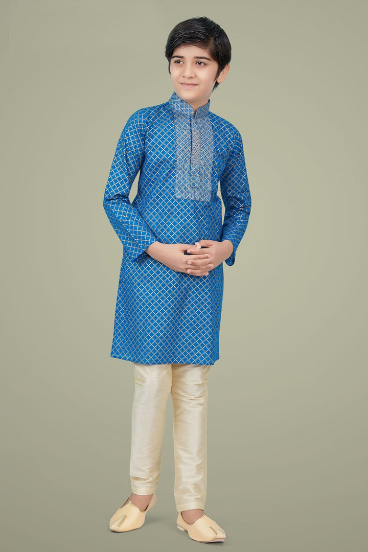 Sky Blue Color Cotton Silk Fabric Sangeet Wear Fancy Kurta Pyjama For Kids Wear