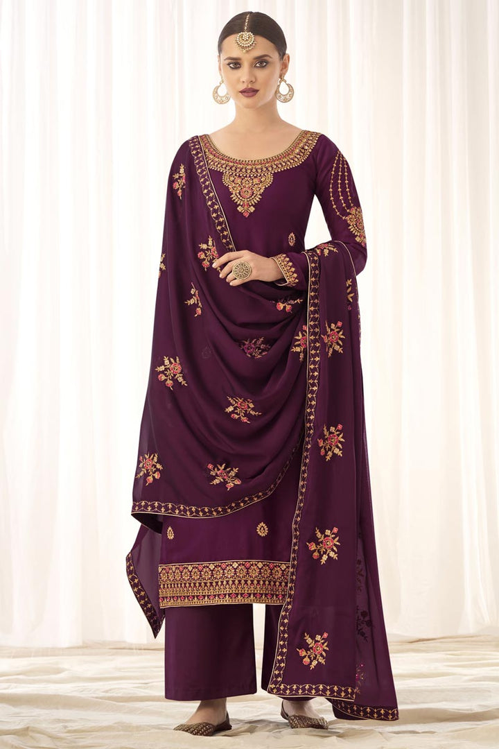 Purple Color Fancy Embroidered Art Silk Fabric Palazzo Dress