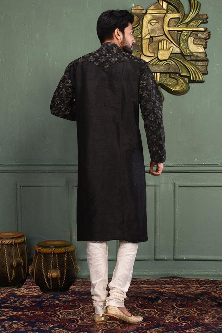 Black Color Silk Fabric Sangeet Wear Readymade Men Kurta Pyjama