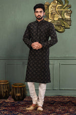 Load image into Gallery viewer, Black Color Silk Fabric Sangeet Wear Readymade Men Kurta Pyjama
